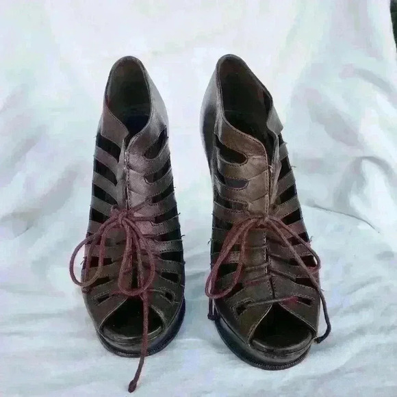 YVES SAINT LAURENT Brown Leather Lace-Up Caged Peep-Toe Heels | Gladiator Wedges - Picture 2 of 8